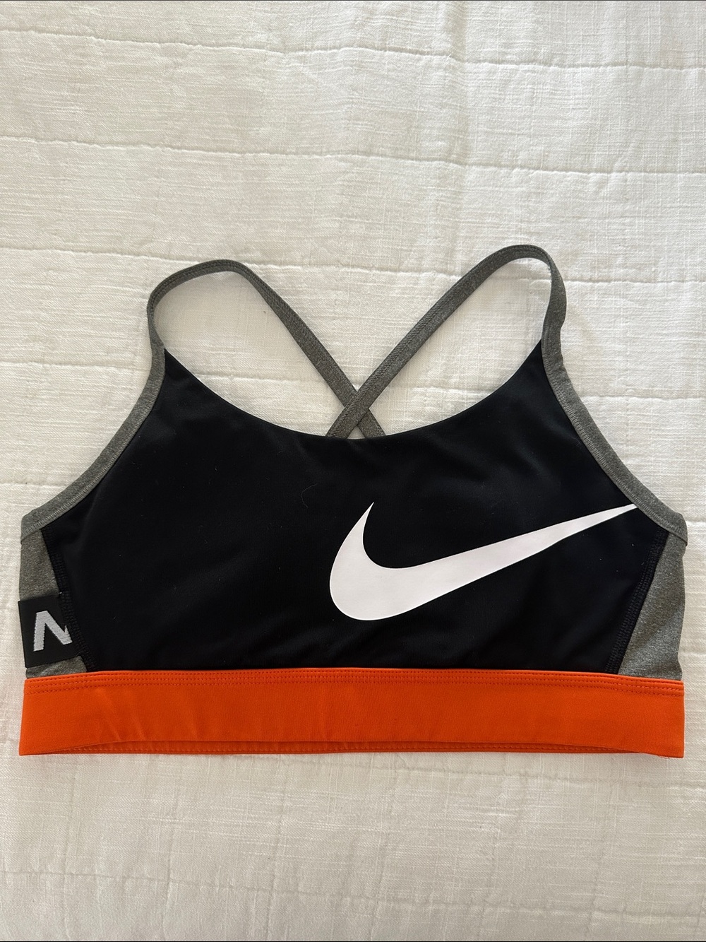Nike Black & Orange Sports Bra Top with White Swoosh